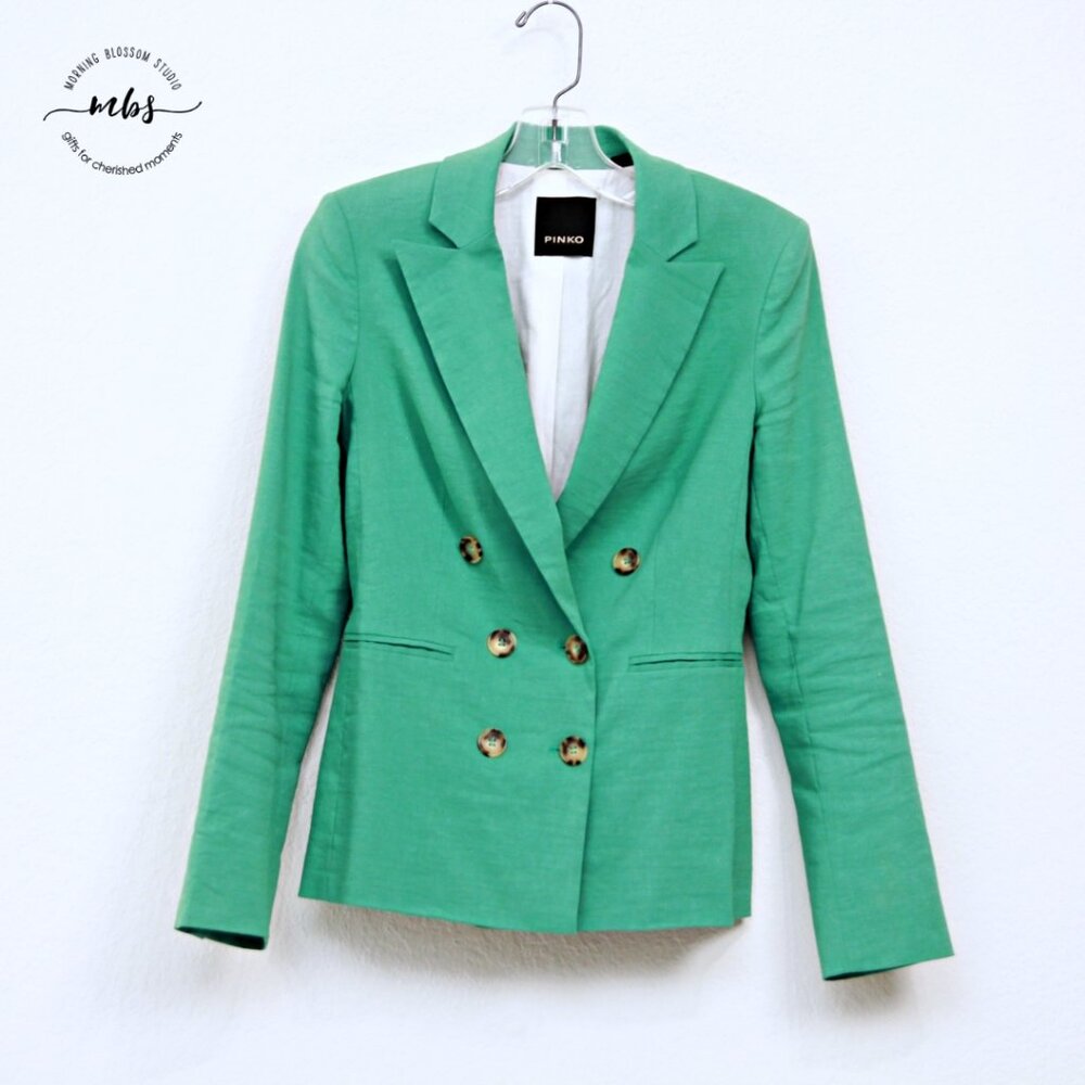 Pinko Sinbad‎ Double Breasted Linen Blend Blazer Green Women 0